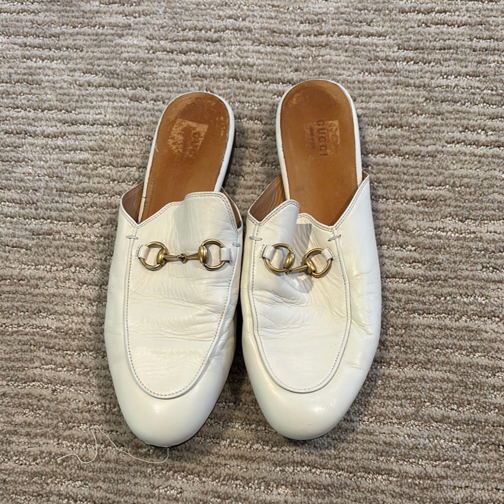 Gucci White Leather Mules With Gold Hardware